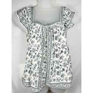 Max Studio London Floral Ruffle Sleeve Blouse Womens L Black White Boho